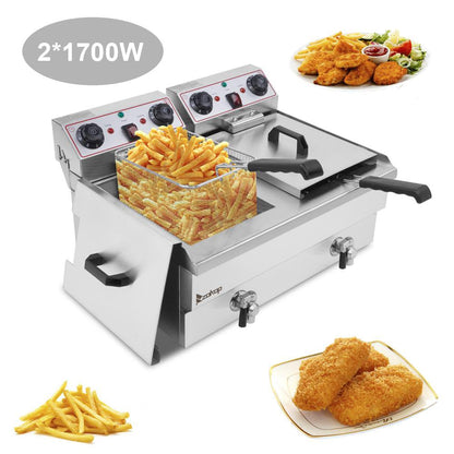 3000W 23.6L 24.9QT Electric Deep Fryer Commercial Restaurant Fry Basket 2 Tank