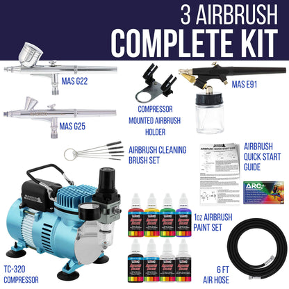 Master Airbrush Cool Runner II Dual Fan Air Compressor Airbrushing System Kit with 3 Professional Airbrushes, Gravity & Siphon Feed - 6 Primary Opaque Colors Acrylic Paint Artist Gift Set-How To Guide