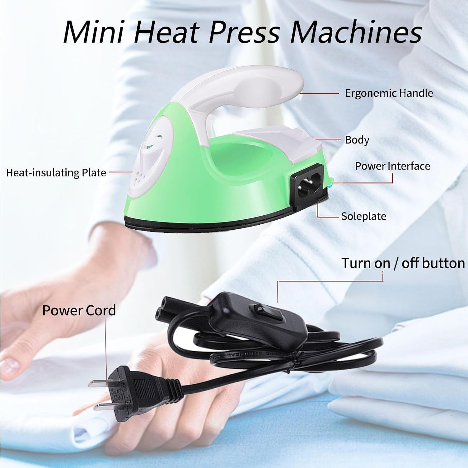 Mini Craft Iron Machine,Green Small Electric Heat Press Iron Portable Handy Travel for Heating Transfer Vinyl Projects,Clothes Shoes Bags Hats