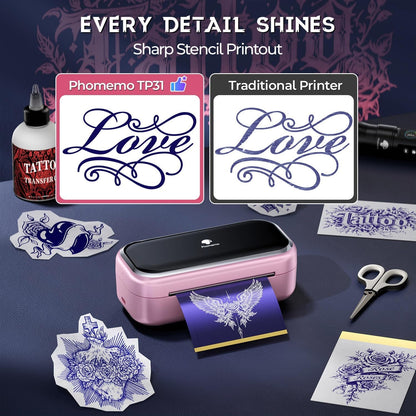 Phomemo Tattoo Maker -Mini Tattoo Stencil Printer Machine TP31 with 30Pcs Transfer Paper,Small Portable Tattoo Machine for Beginners/Enthusiast/Artists,Easy to Use with Smartphone,Pad- Pink