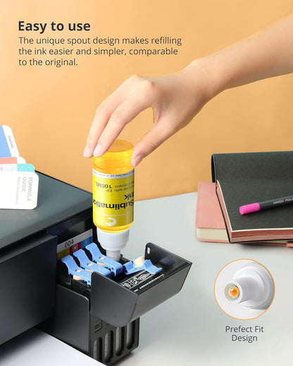 Hiipoo Sublimation Ink Refilled Bottles Work with ET-2720 ET-2760 ET-2800 ET-15000 ET-2803 ET-2850 ET-3760 ET-4800 ET-4760 Inkjet Printer Heat Press Transfer on Mugs T-Shirts Pillows Phone Case