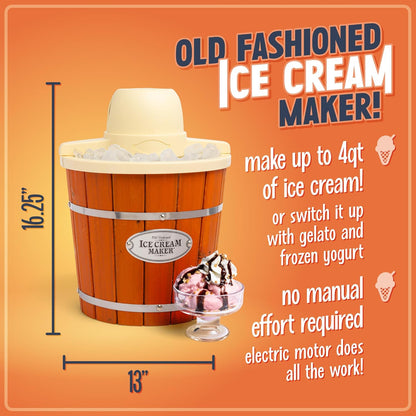 Nostalgia Electric Ice Cream Maker with 4 Qt Capacity- Old Fashioned Ice Cream Machine Makes Frozen Yogurt or Gelato in Minutes- Vintage Wooden Style Ice Cream Maker with Aluminum Canister- Light Wood