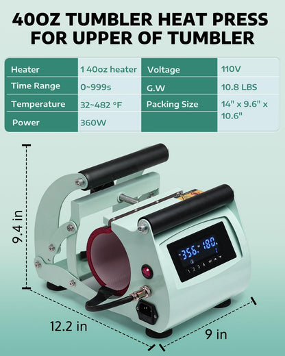 OFFNOVA 40 OZ Tumbler Heat Press Machine Mug Press Machine for Upper of 30Oz 40Oz Tumbler Sublimation Printing, 4 Adjustable Memory Modes Tumbler Press with Sublimation Paper, Tape and Gloves