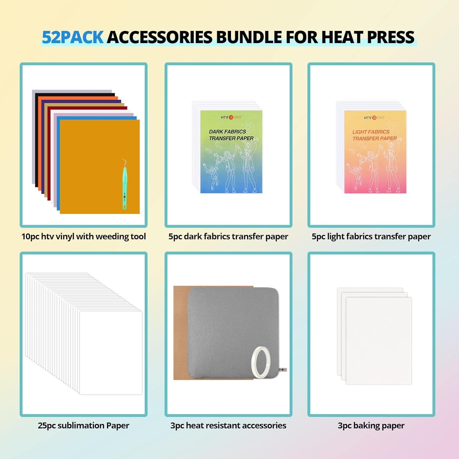 Automatic Heat Press Accessories - 52 Pcs Heat Press Supplies for Intelligent Press Machine, All-In-One Starter Kit, Include Heat Transfer Material & Tools