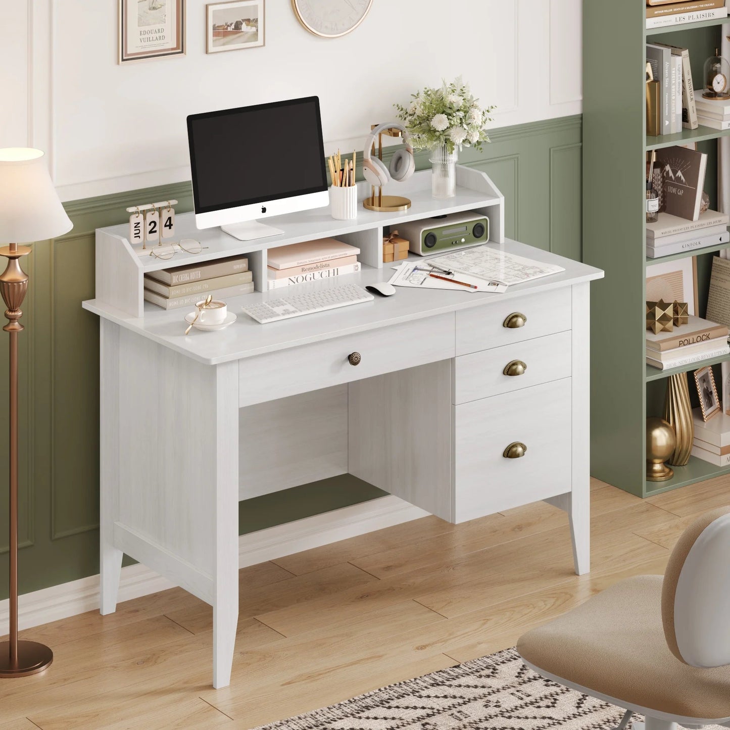 47 in Computer Desk, Home Office Writing Table with 4 Drawers and Hutch Shelf, Oak White