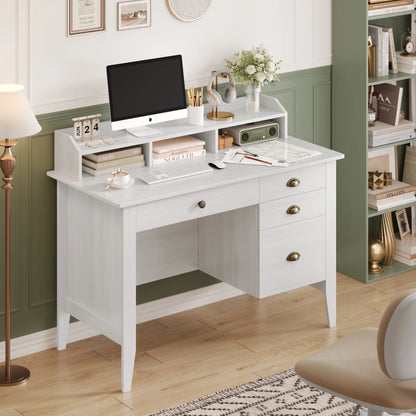 47 in Computer Desk, Home Office Writing Table with 4 Drawers and Hutch Shelf, Oak White