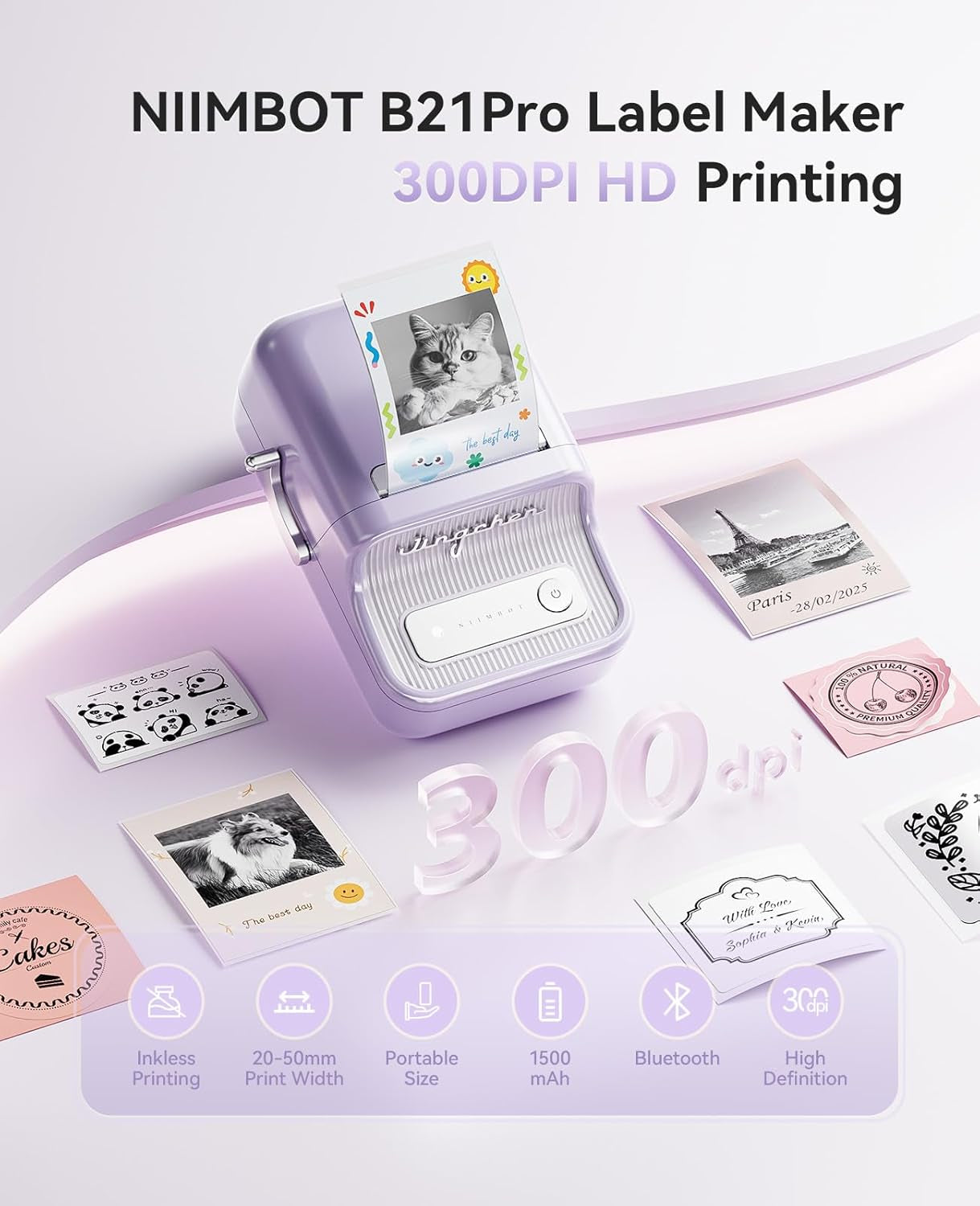 NIIMBOT B21 Pro Label Maker, 300DPI HD Label Printer, Ideal for Notes,Photos, Study Graphics, Memo Maker,50X30Mm Label(Purple)