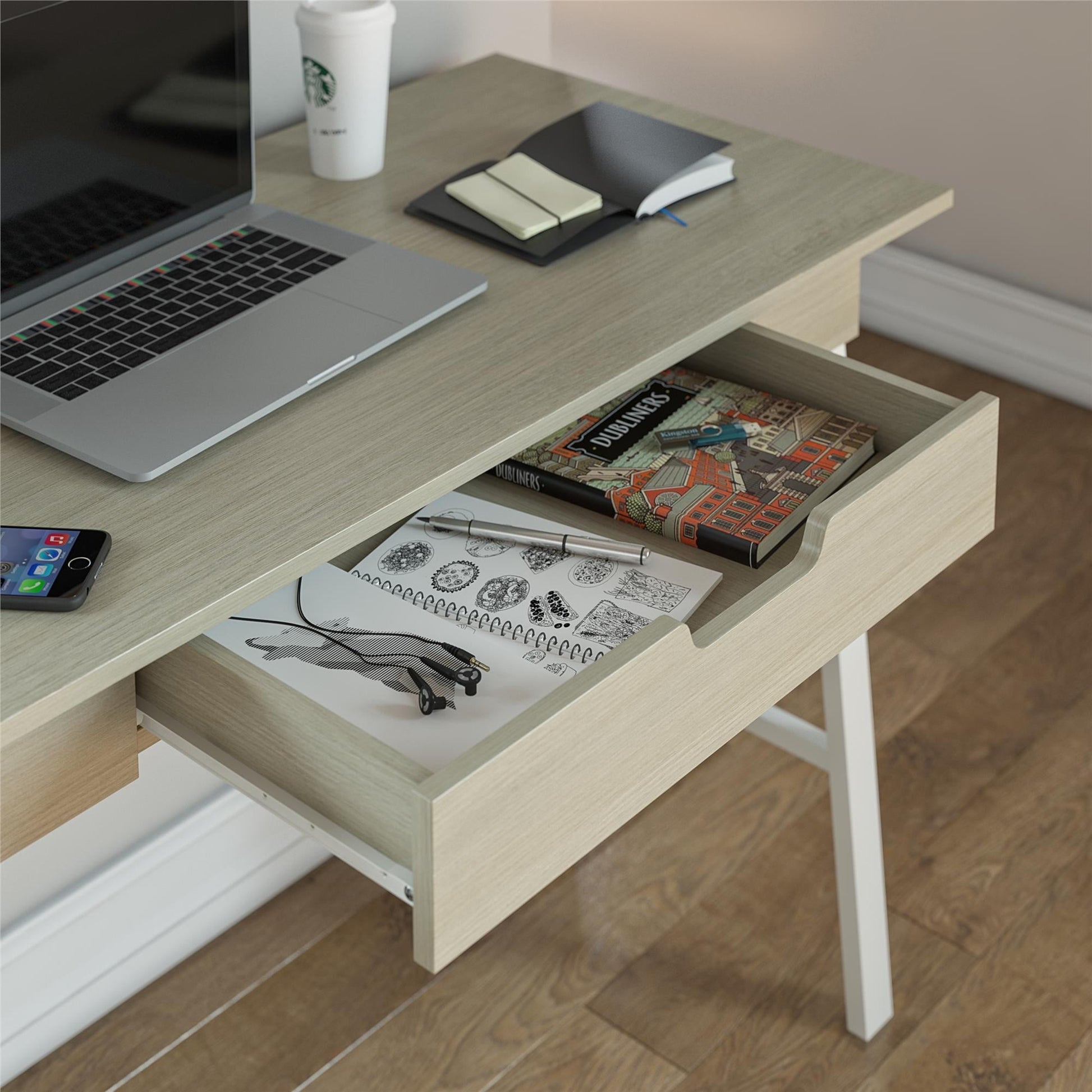 Oxford Computer Desk with Drawer, Pale Oak