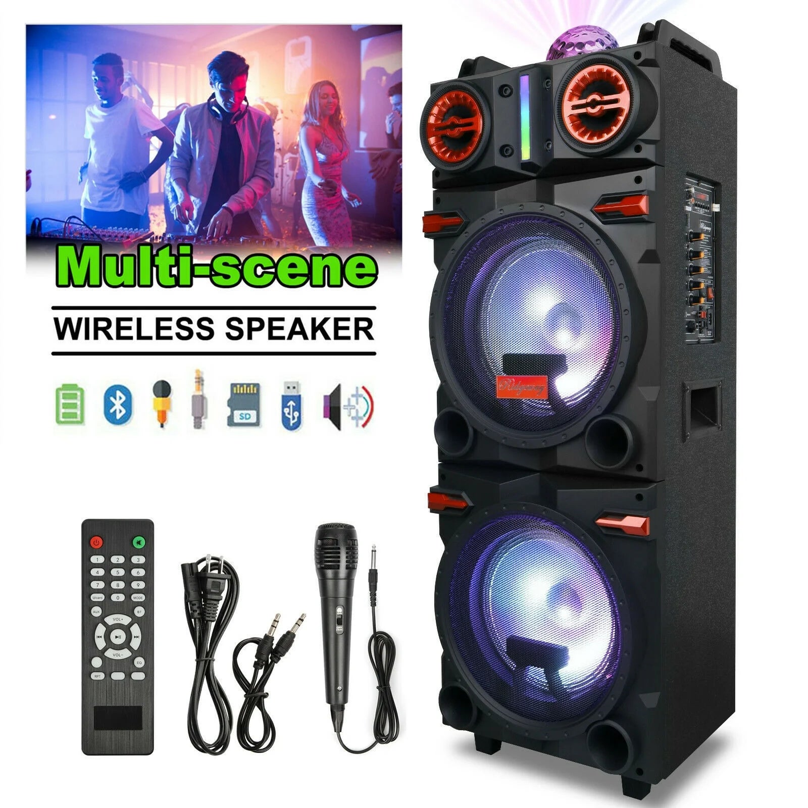 4,500W Bluetooth Speaker Rechargable Dual 10" Woofer Party FM Karaok DJ LED AUX