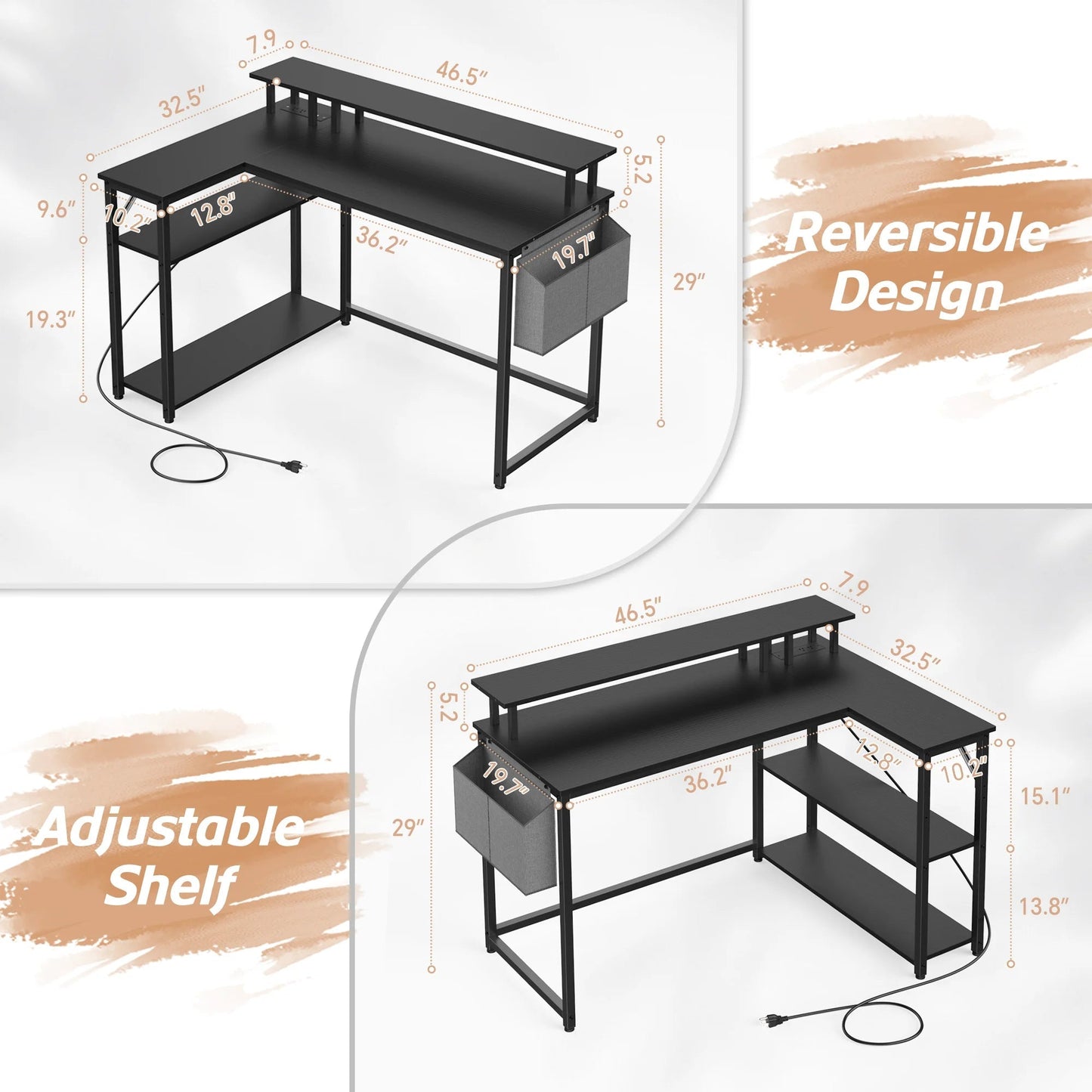 L-Shaped Office Desk with Power Outlets & LED Lights, 47" Computer Desk with Monitor Stand, Black