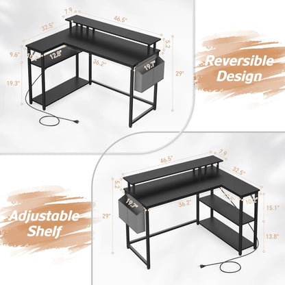 L-Shaped Office Desk with Power Outlets & LED Lights, 47" Computer Desk with Monitor Stand, Black