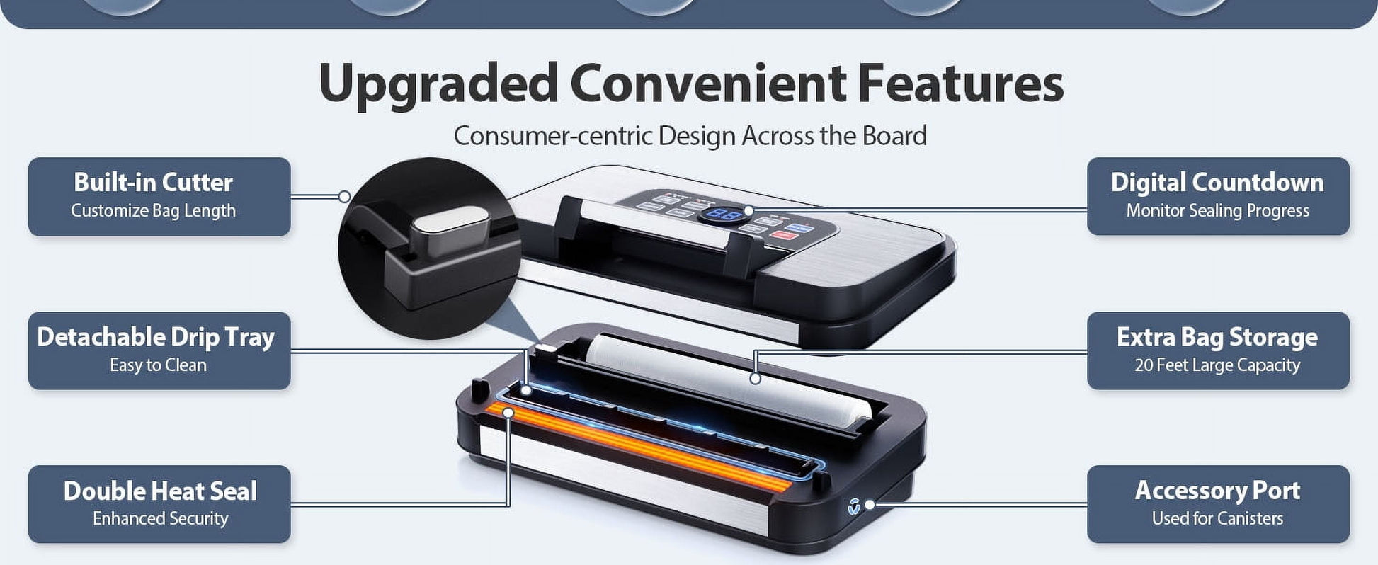 95Kpa Powerful Vacuum Sealer, Aeitto Food Sealer with 10-In-1 Functions, Easy-Lock Handle, Double Heat Seal & Double Pump, for Food with Bags Storage, Built-In Cutter,Stainless Steel