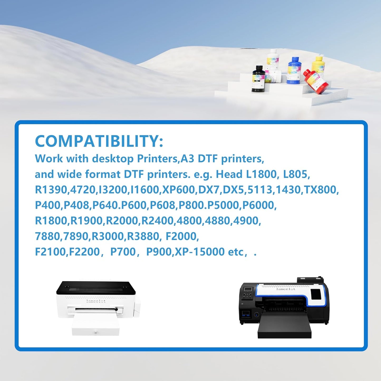 Lancelot DTF Ink 250Ml X6 Set, CMYK+2W for DTF Printers | Premium DTF Ink with Vivid Colors, Anti-Clog Formula, Smooth Printing, and Compatibility with ET-8550, XP-15000 & More