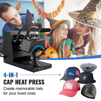 Hat Heat Press, 4-In-1 Cap Heat Press Machine, 6X3Inches Clamshell Sublimation Transfer, LCD Digital Timer Temperature Control with 4Pcs Curved Heating Elements (6X3/6.7X2.7/6.7X2.7/8.1X3.5)