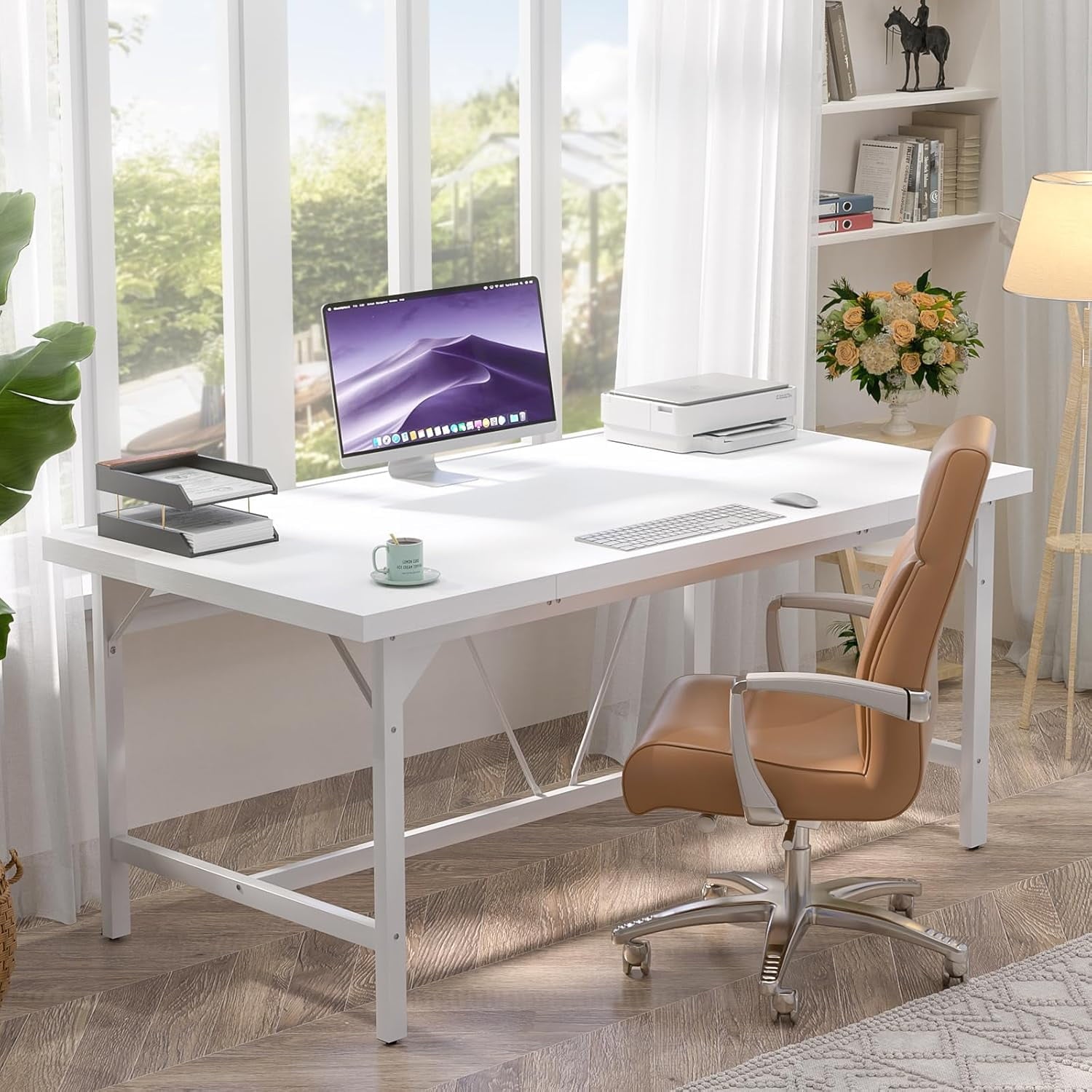 63 Inch Computer Desk, Sturdy Large Office Desk, Premium 2 Person Long Desks, Super Thick Study Writing Gaming Table, Modern Computer Table, Easy to Assemble, White