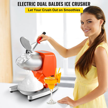 brand Electric Ice Shaver Crusher Snow Cone Maker Machine with 4 Stainless Steel Blades 220LB/H Shaved Ice Machine 300W 1450 RPM for Home and Commercial Use Orange