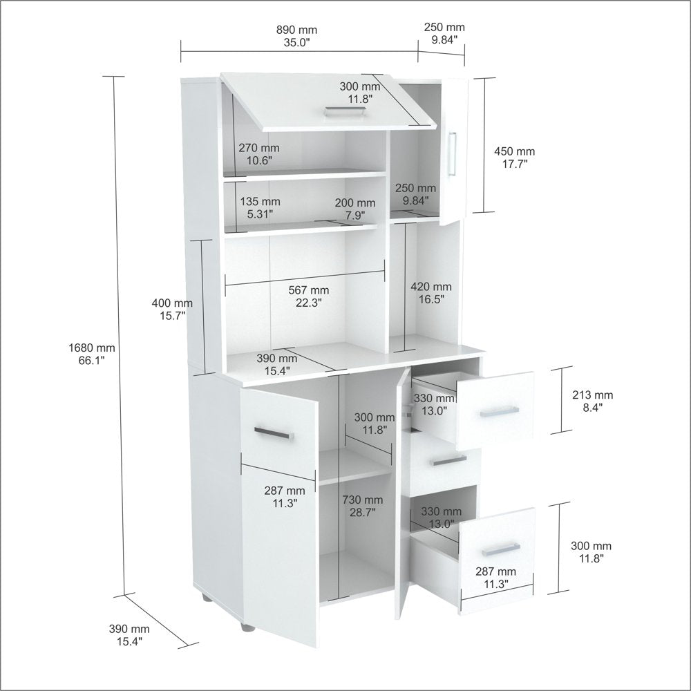 Laminate Kitchen Microwave Storage Cabinet 35"W, White