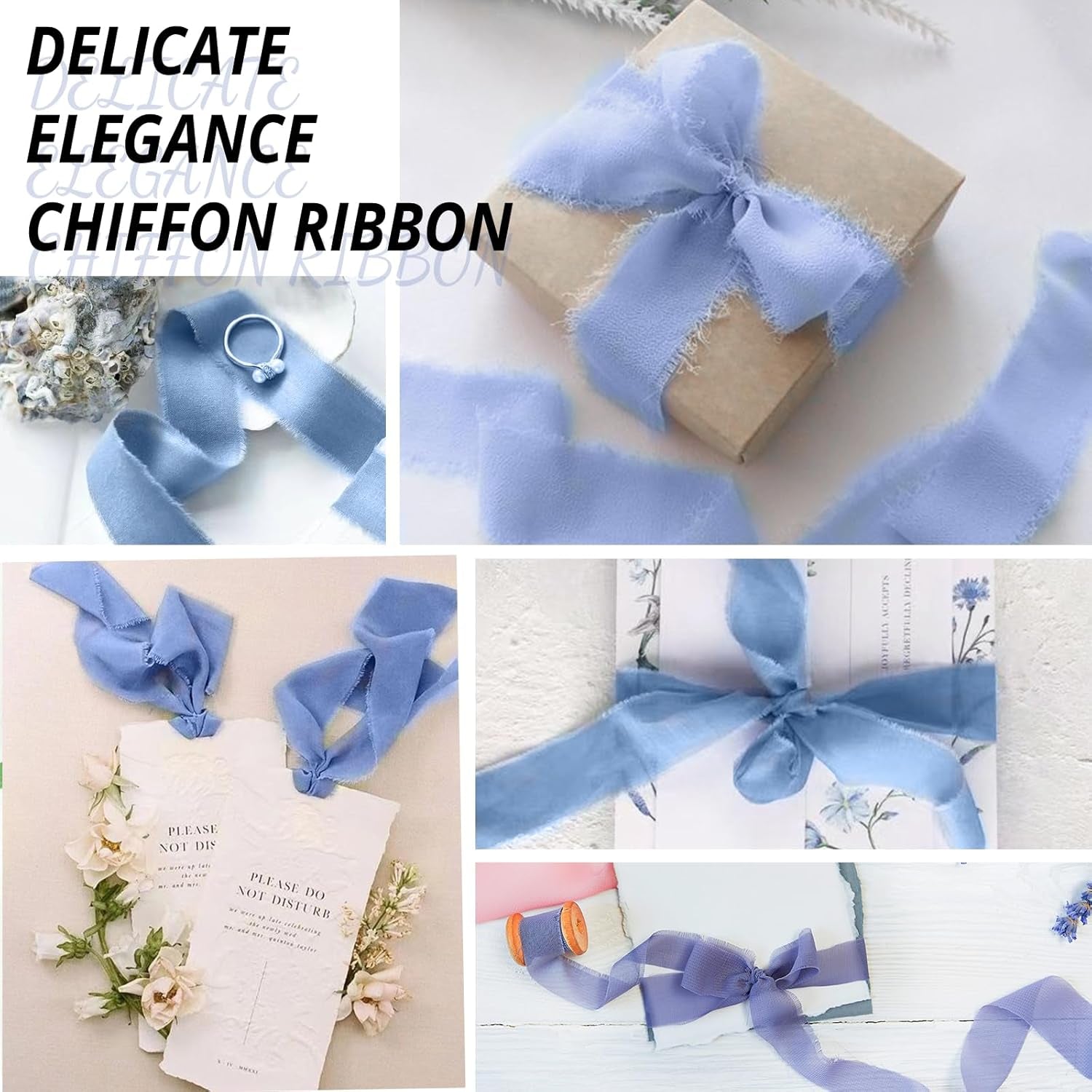Chiffon Silk Ribbon 1.5" X 7Yd Soft Handmade Fringe Frayed Edged Baby Shower Bridal Bouquets Wedding Invitation Decor (Blue)