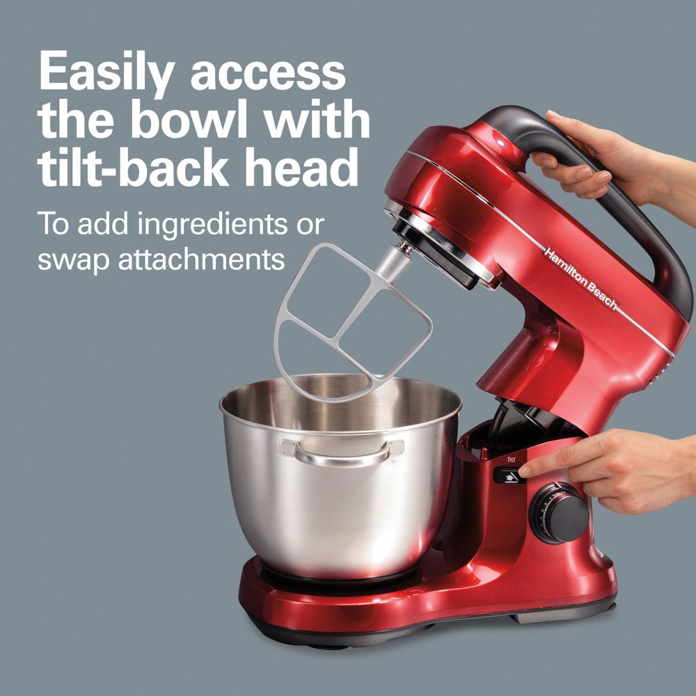 Electric Stand Mixer with 4 Quart Stainless Bowl, 7 Speeds, Whisk, Dough Hook, and Flat Beater Attachments, Splash Guard, 300 Watts, Red, 63395