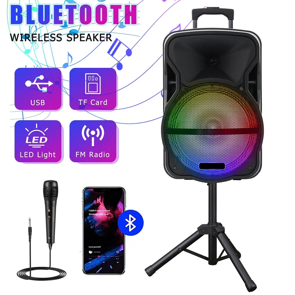 3000W Portable Bluetooth Speaker with Stand 12" Subwoofer Sound Party PA System Mic LED 16LBS