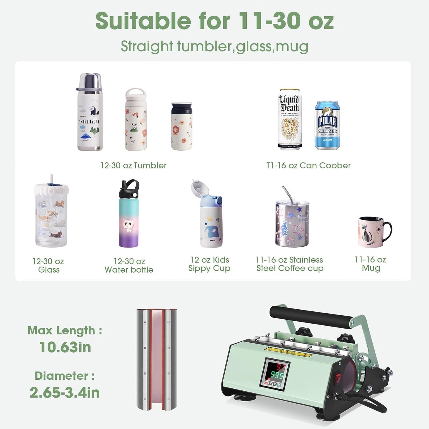 Tumbler Heat Press Machine for 20Oz-30Oz Sublimation Blank Glass Cups, Mug Press with Temp & Timer Setting for 11-16Oz Coffee/Ceramic Mugs - Green