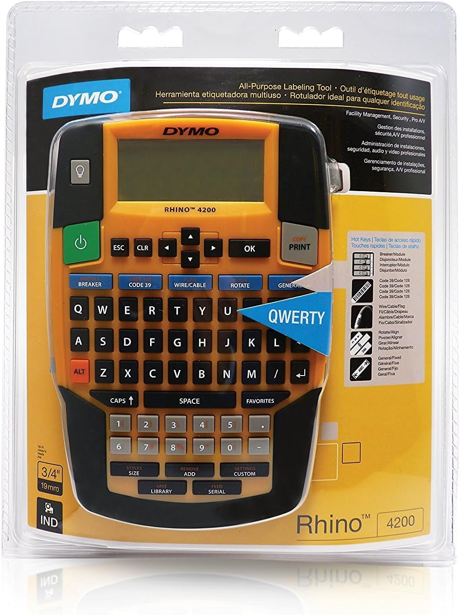 DYMO Industrial Label Maker | Rhino 4200 Label Maker Time-Saving Hot Keys Prints Fast Durable for Job Sites and Heavy-Duty Labeling Jobs