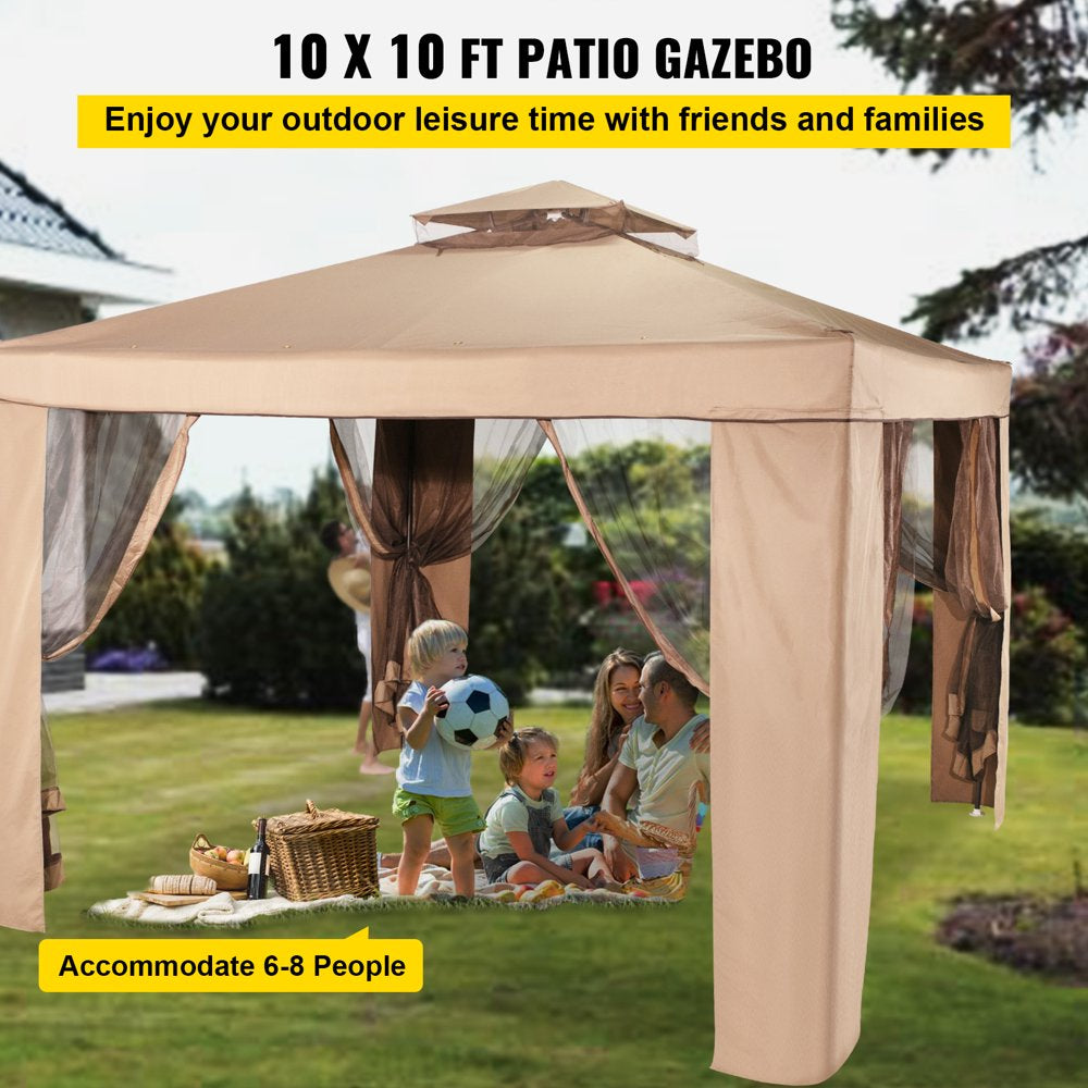 brand 10X10Ft Outdoor Canopy Gazebo with Four Sandbags - Gazebo with Netting, Waterproof and UV Protection - Patio Gazebo Brown for Backyard, Outdoor, Patio and Lawn