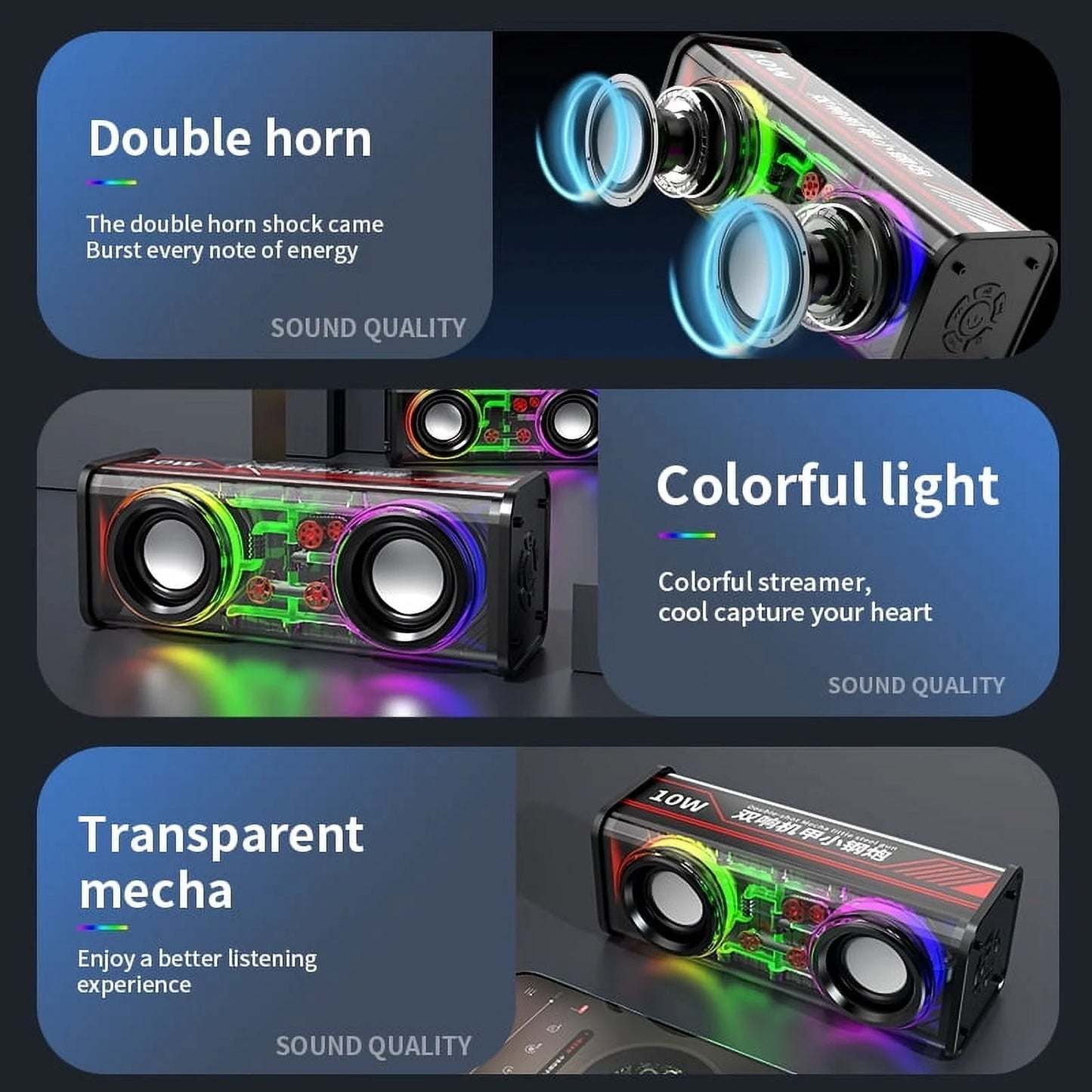 F8 Portable Bluetooth Speaker Transparent Mecha Wireless Speaker with Colorful LED Lights,Bt 5.3,Steel Bass Vibration Film Audio,Tws Stereo Sound 6H Speakers for Party Camping Beach Travel