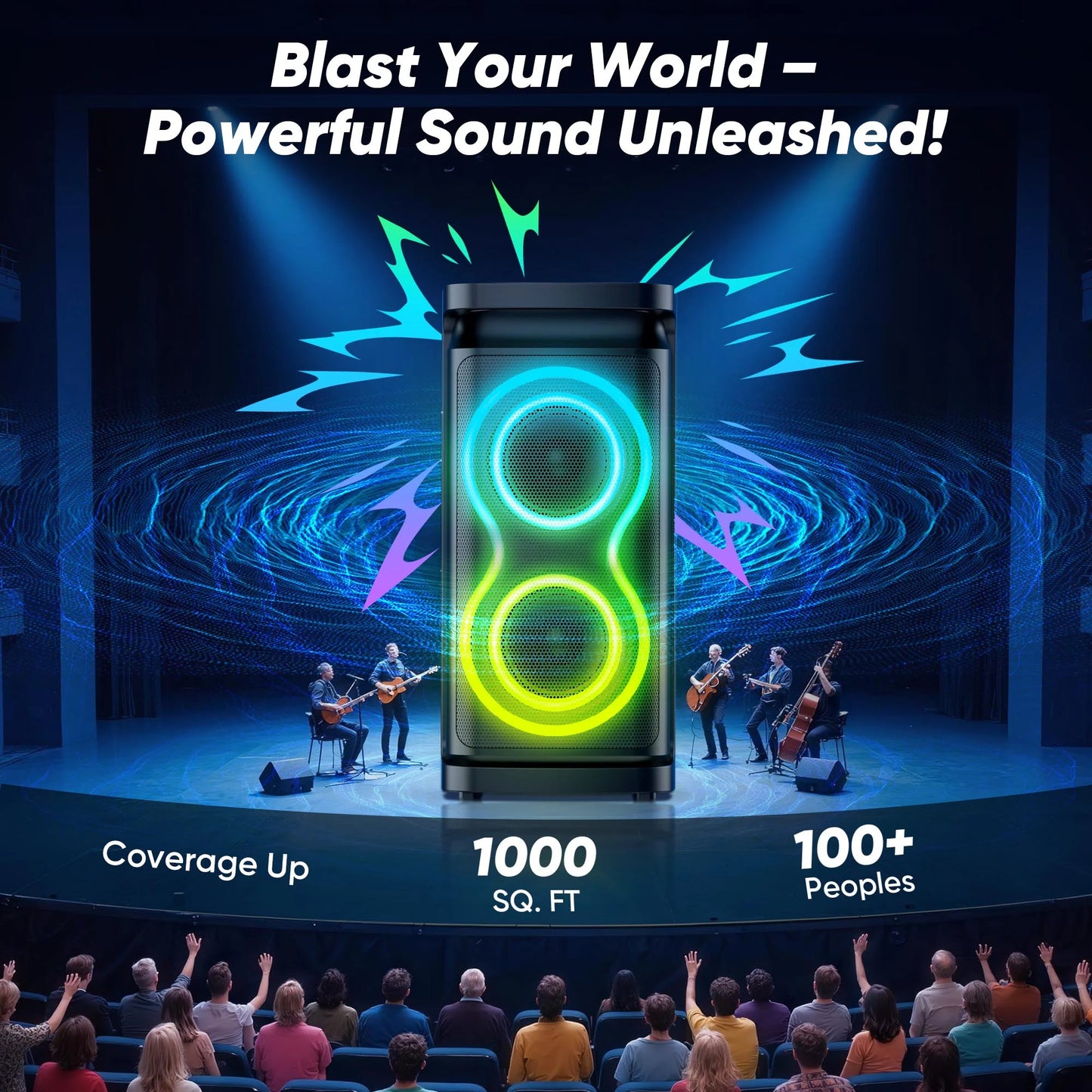 Portable Party Speaker with Loud Sound and Microphone Jack, IPX7 Wireless Outdoor Bluetooth Speaker Support USB TF AUX, for DJ, Karaoke Night, Indoor and Outdoor Party