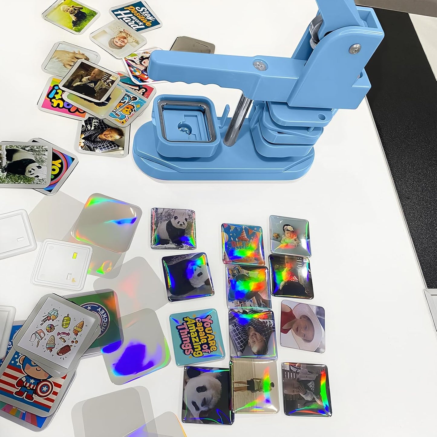 Square Magnet Button Maker Kit - Holographic Film 2'' X 2'' Button Press Machine with 100 Set Fridge Magnet Making Supplies(Metal Cover, Film, Back Inserts), for Craft, Home, Small Business