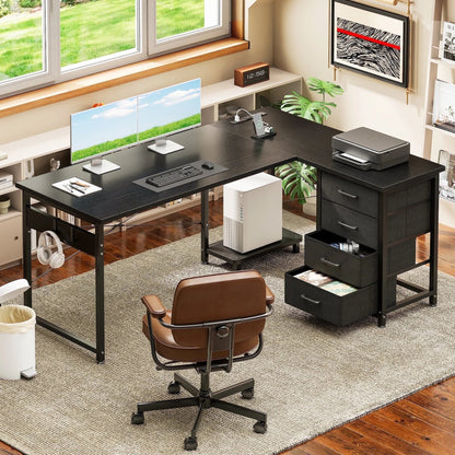 L Shaped Computer Desk with Charging Station, 53 Inch PC Table Study Desk 4 Tier Drawers, Modern Simple Style Laptop Desk for Bedroom, Black