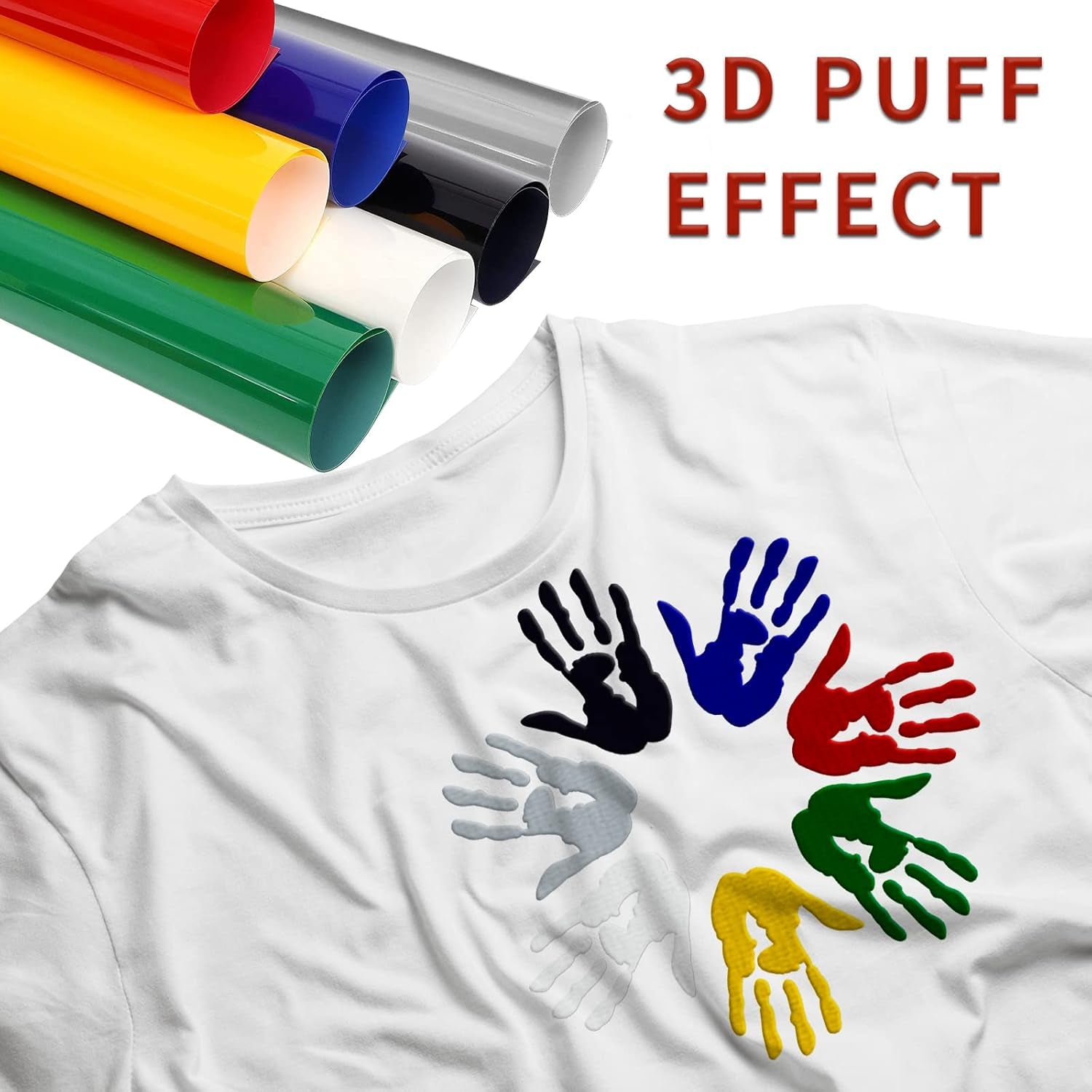 Puff Vinyl Heat Transfer, 3D Puff Heat Transfer Vinyl Bundle Sheets Iron On, Foaming Heat Transfer Puffy HTV Vinyl for Heat Press T Shirts DIY Clothes Fabric, 7 Colors Size 12”X10”