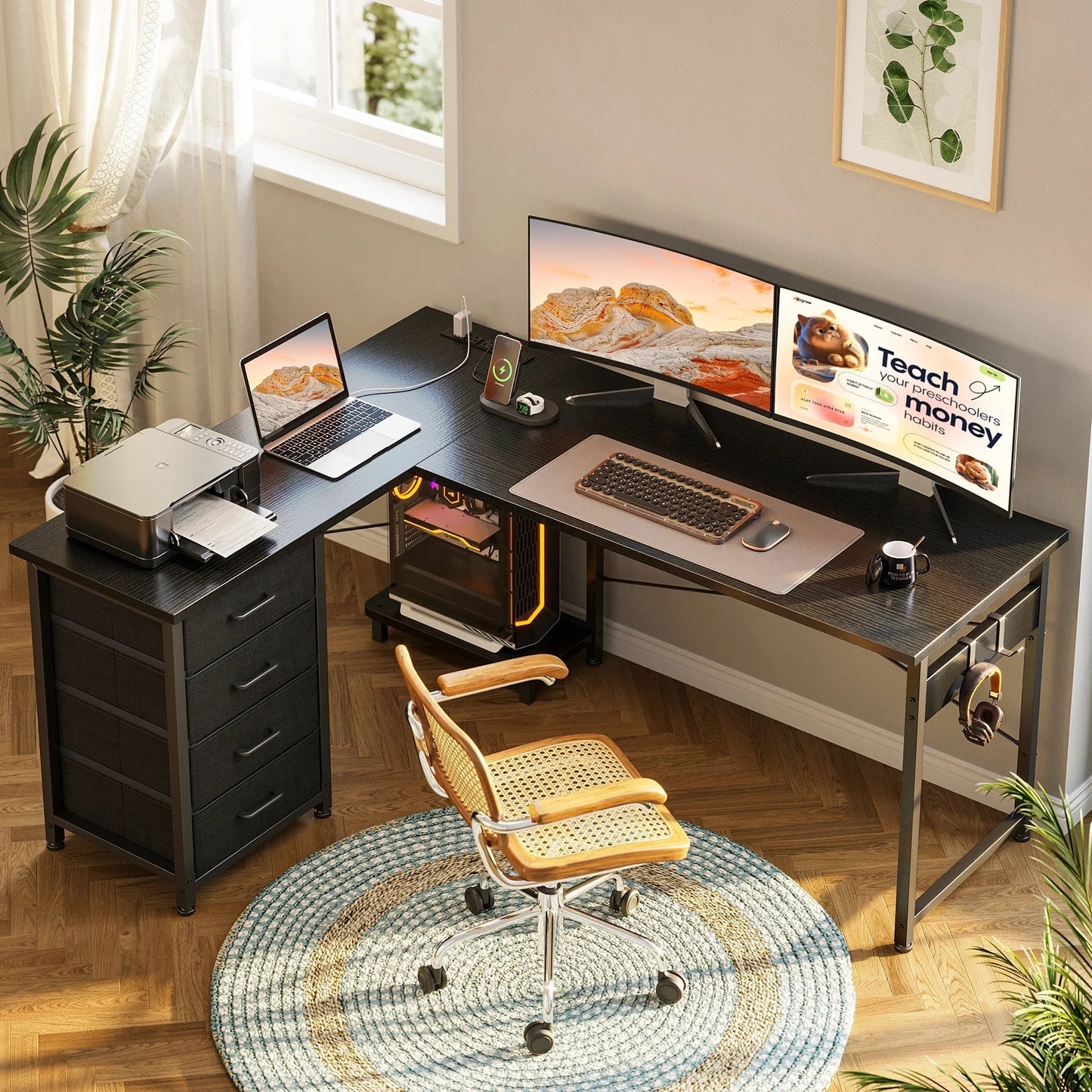 L Shaped Computer Desk with Charging Station, 53 Inch PC Table Study Desk 4 Tier Drawers, Modern Simple Style Laptop Desk for Bedroom, Black