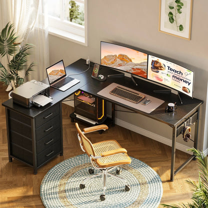 L Shaped Computer Desk with Charging Station, 53 Inch PC Table Study Desk 4 Tier Drawers, Modern Simple Style Laptop Desk for Bedroom, Black