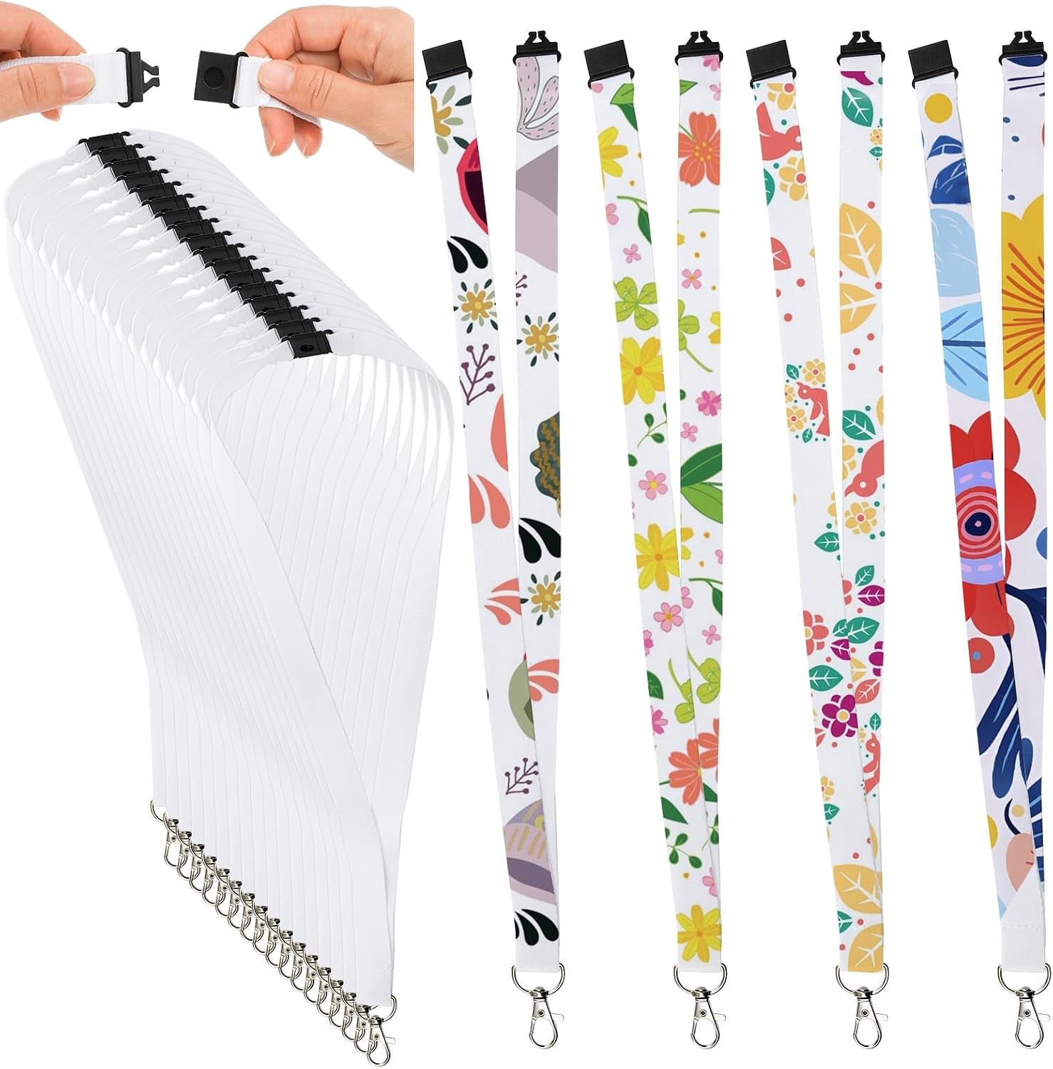 Yesland 50 Pack Sublimation Blank Lanyards - White Heat Transfer Neck Lanyards with Detachable Buckles & Metal Hooks for ID Badge Holder, Keys, Custom DIY Design