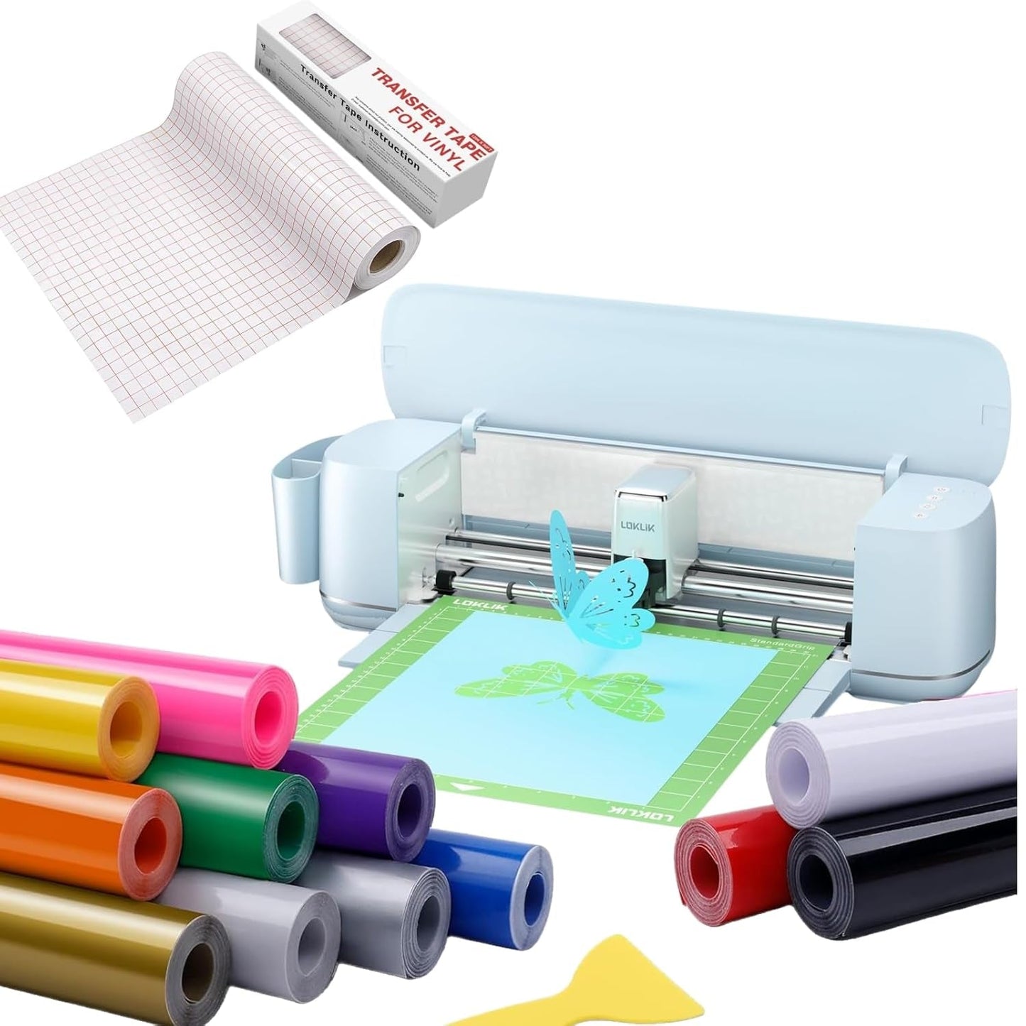 Loklik Cutting Machine 2 & Permanent Vinyl Bundle 2 Pack 12 Inch by 5 Feet & Transfer Paper Tape Roll 12 X 50 FT