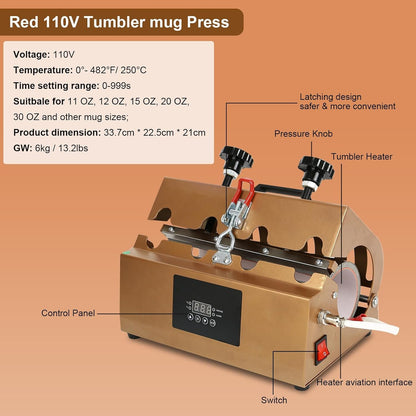 Tumbler Heat Press Machine,  Ceramic Mug Press for 11Oz 15Oz 16Oz 20Oz 30Oz Sublimation Blank Skinny Tumbler Glass, Cup Heat Press DIY Sublimation with Sheets Paper Heat Resistant Tape Gloves