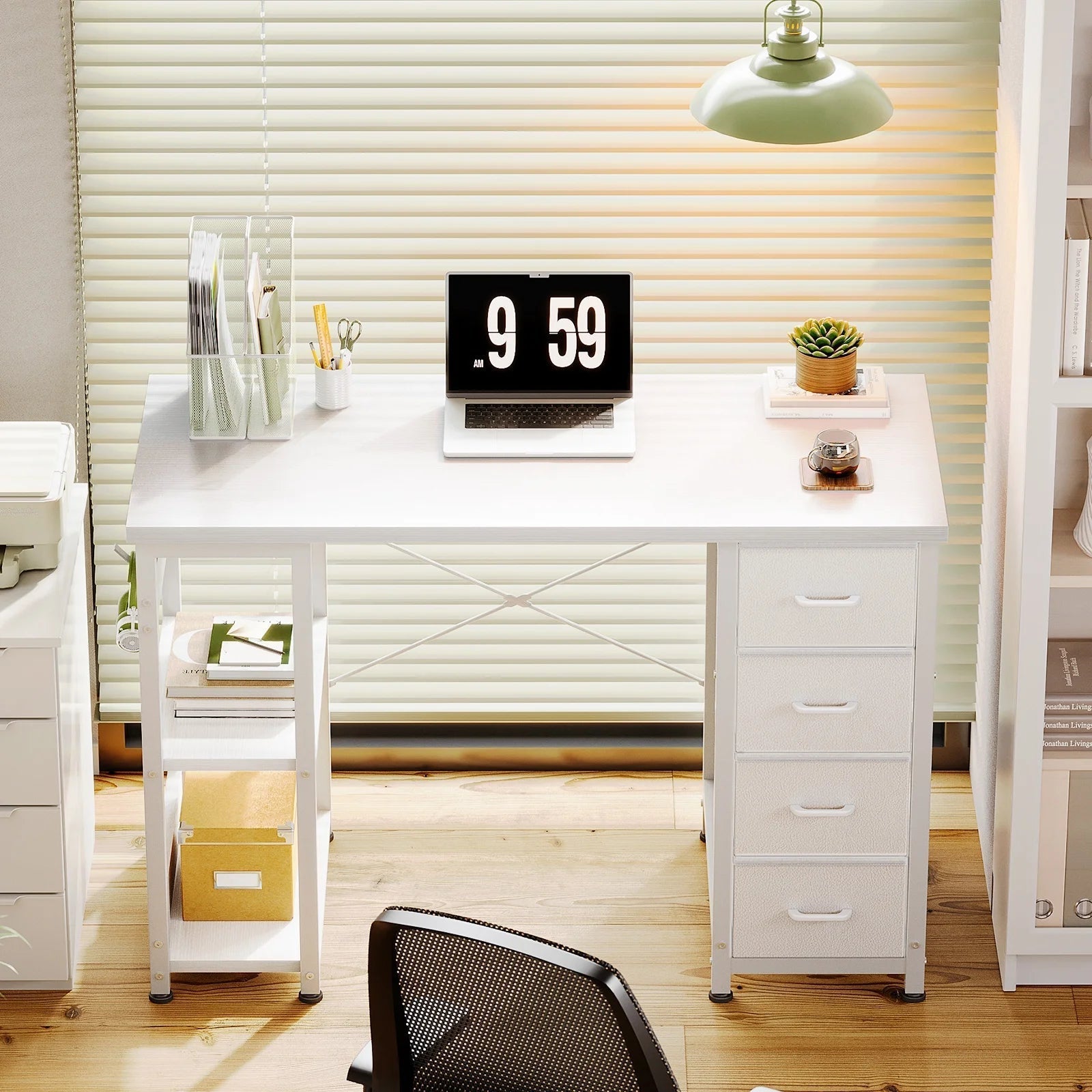 Computer Desk with Drawers & Storage Shelves, 40 Inch Corner Desk for Home Office Bedroom, Small Teen PC Desks with Fabric Drawer, White