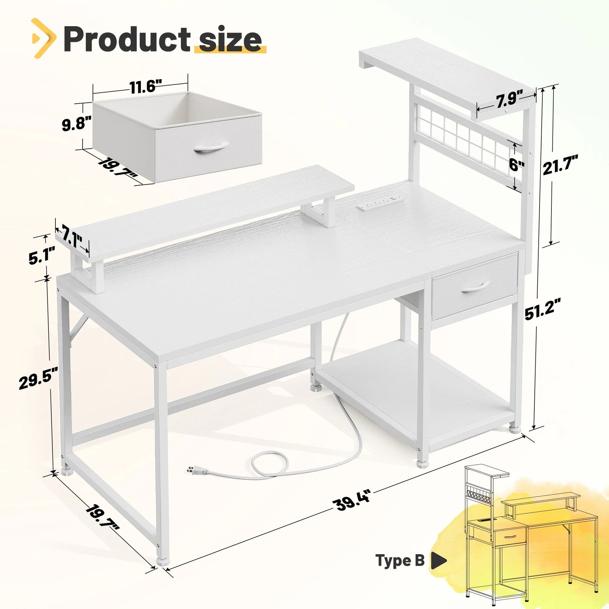 39.4" W Gaming Desk with LED Light Coner Desk with Drawers PC Desk with Reversible Shelves, White