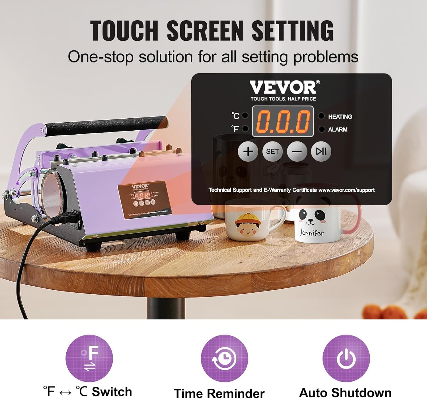 VEVOR Tumbler Heat Press Machine, 11-30Oz Mug Press, Heat up Fast and Even, Tumbler Press with Sublimation Paper, Tape and Gloves, Temp and Time Setting, for Sublimation Tumblers, Cups, Mugs, Purple