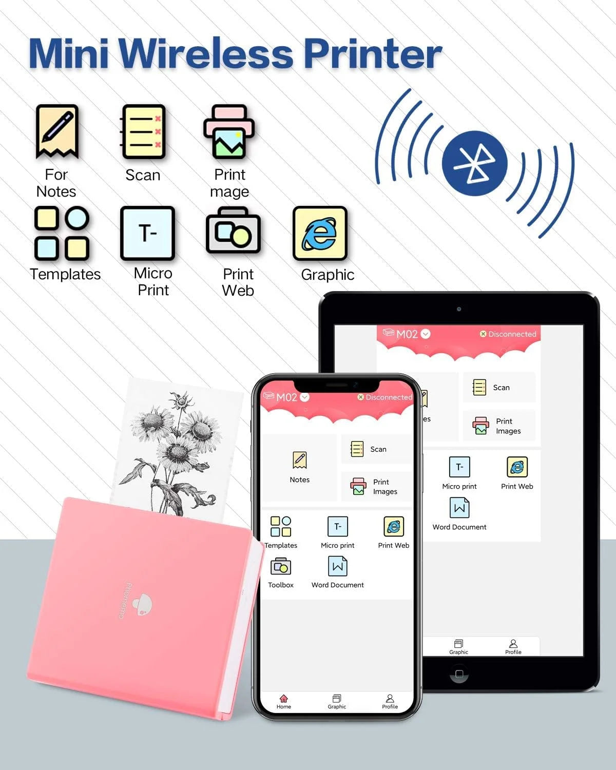 Sticker Printer - M02 Label Maker Portable Bluetooth Thermal Sticker Printer for Notes, Gifts, Journals, Planners, Scrapbooking, and Creative Projects(Pink)