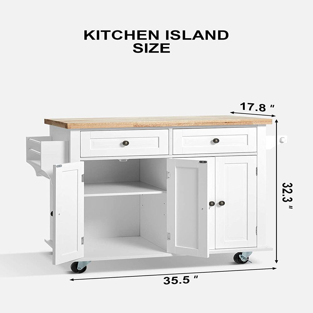 35.5'' Kitchen Island Cart on Wheels, 2 Drawers Storage Cabinet Kitchen Cart with Rubberwood Countertop, Lockable Casters, White