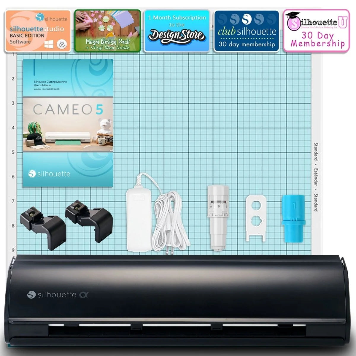 Silhouette Black Cameo 5Α Alpha W/ 38 Oracal Sheets, Siser HTV, Guides, 24 Pens