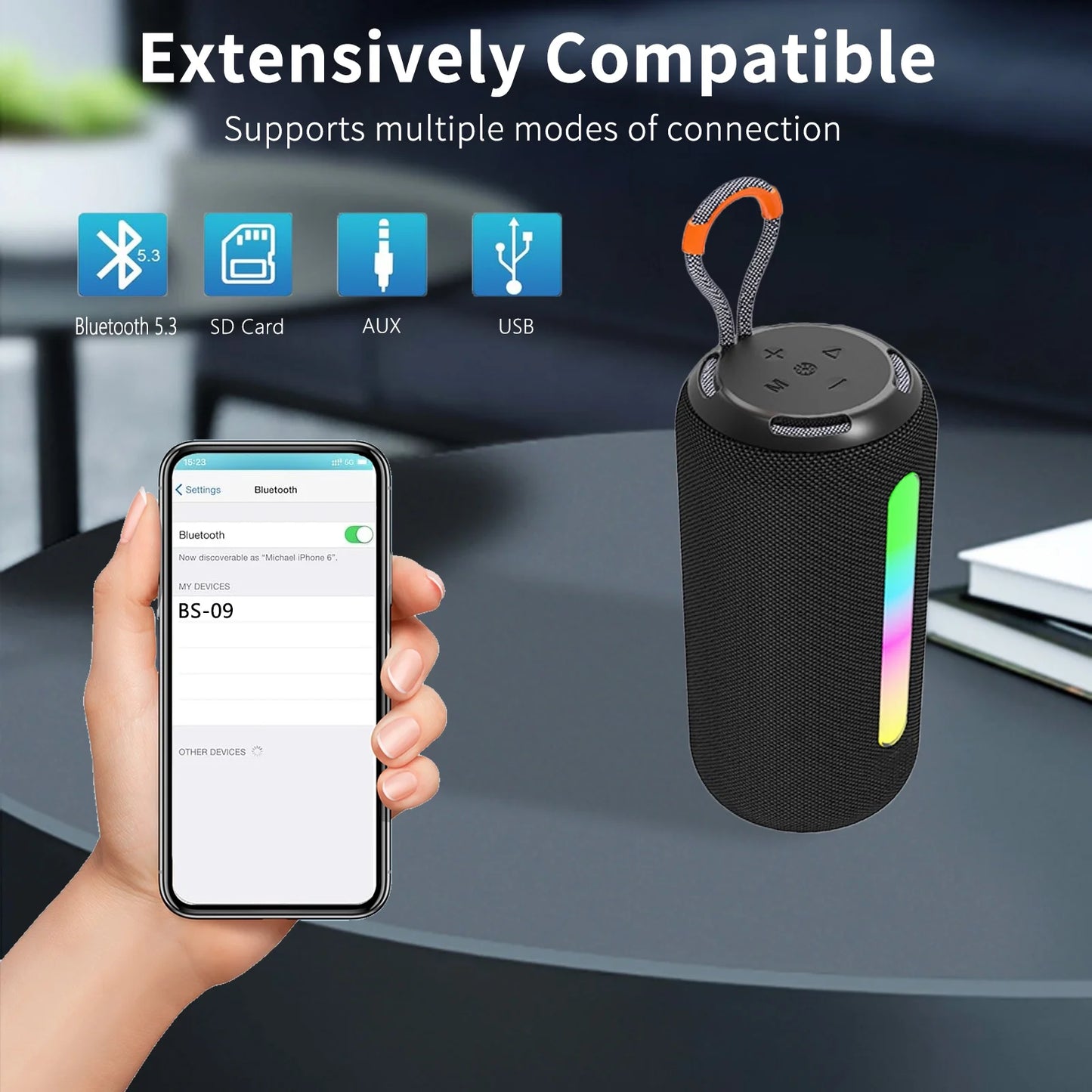 Portable Bluetooth Speaker with HD Sound, Waterproof & Dustproof Portable Speaker with Lights, up to 20H Playtime, BT5.3, Outdoor Speaker for Home/Party/Outdoor/Beach, Birthday Gift, Black