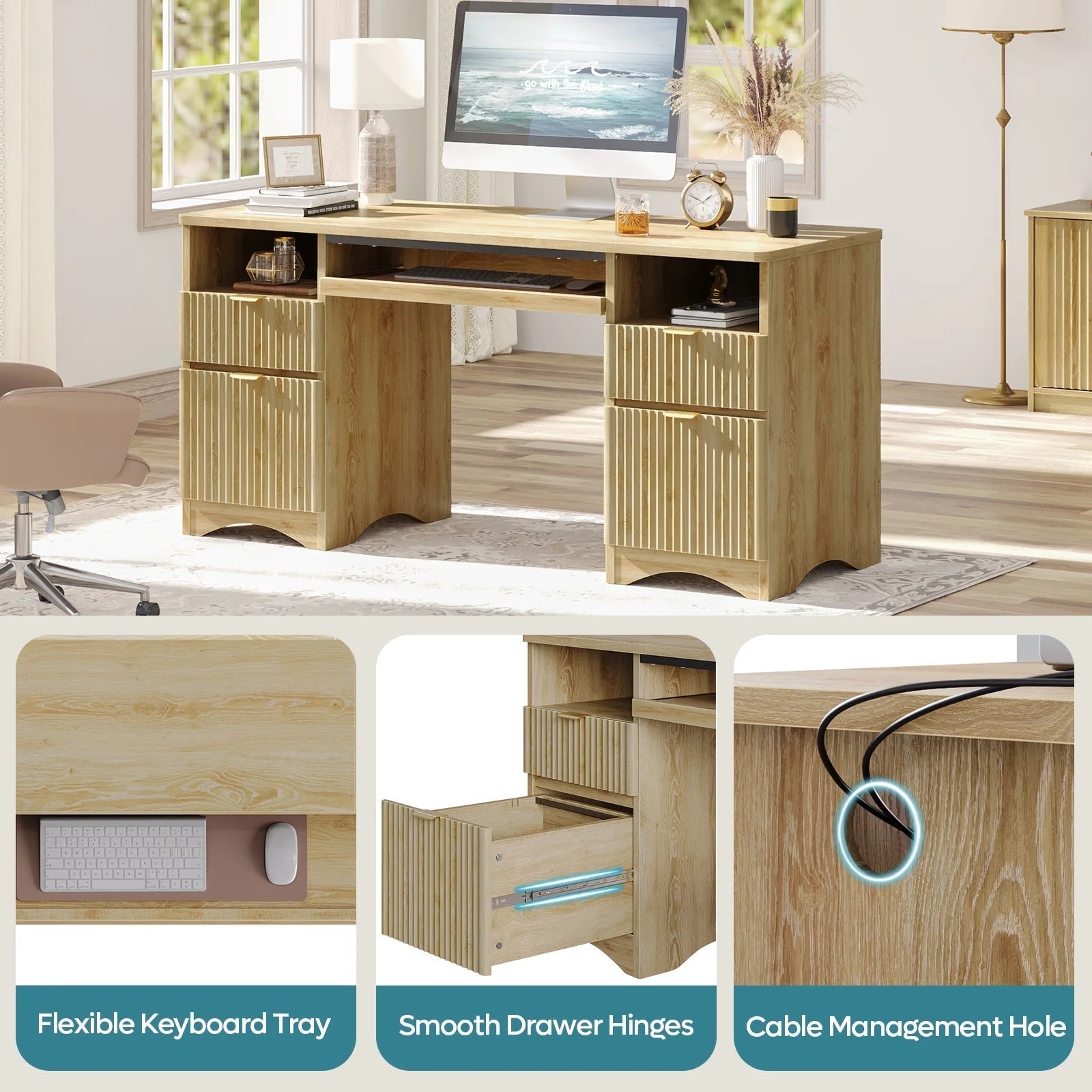 59" Computer Home Office PC Desk with Keyboard Tray and Storage Drawers, Log