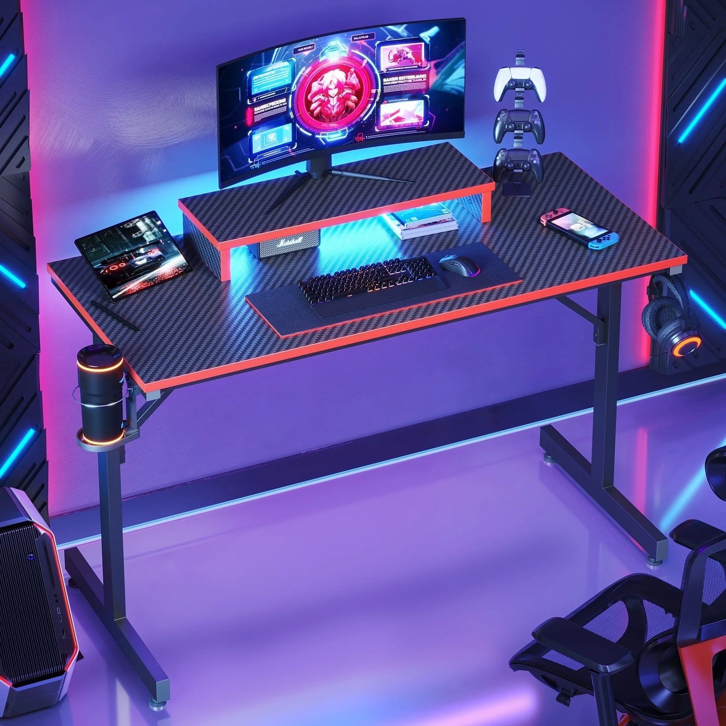42" Gaming Desk PC Computer Office Gamer Table Desk with LED Lights & Monitor Stand in Red