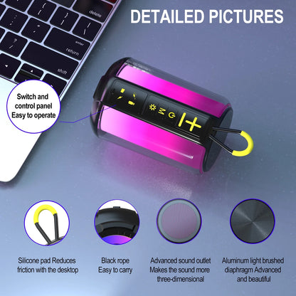 Portable Bluetooth Speaker with RGB Lights, 15H Playtime, IPX5 Waterproof, HD Stereo Sound, Bluetooth 5.3 Wireless Speaker for Party & Outdoor Use