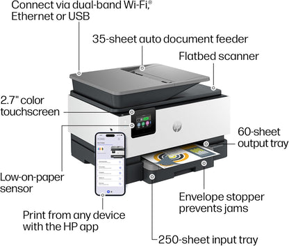 HP Officejet Pro 9125 Wireless All-In-One Color Inkjet Printer, Print, Scan, Copy, Fax, ADF, Duplex Print/Scan, Best-For-Office, 3 Month Trial of Instant Ink Included, Ai-Capable (C2VZ0A)