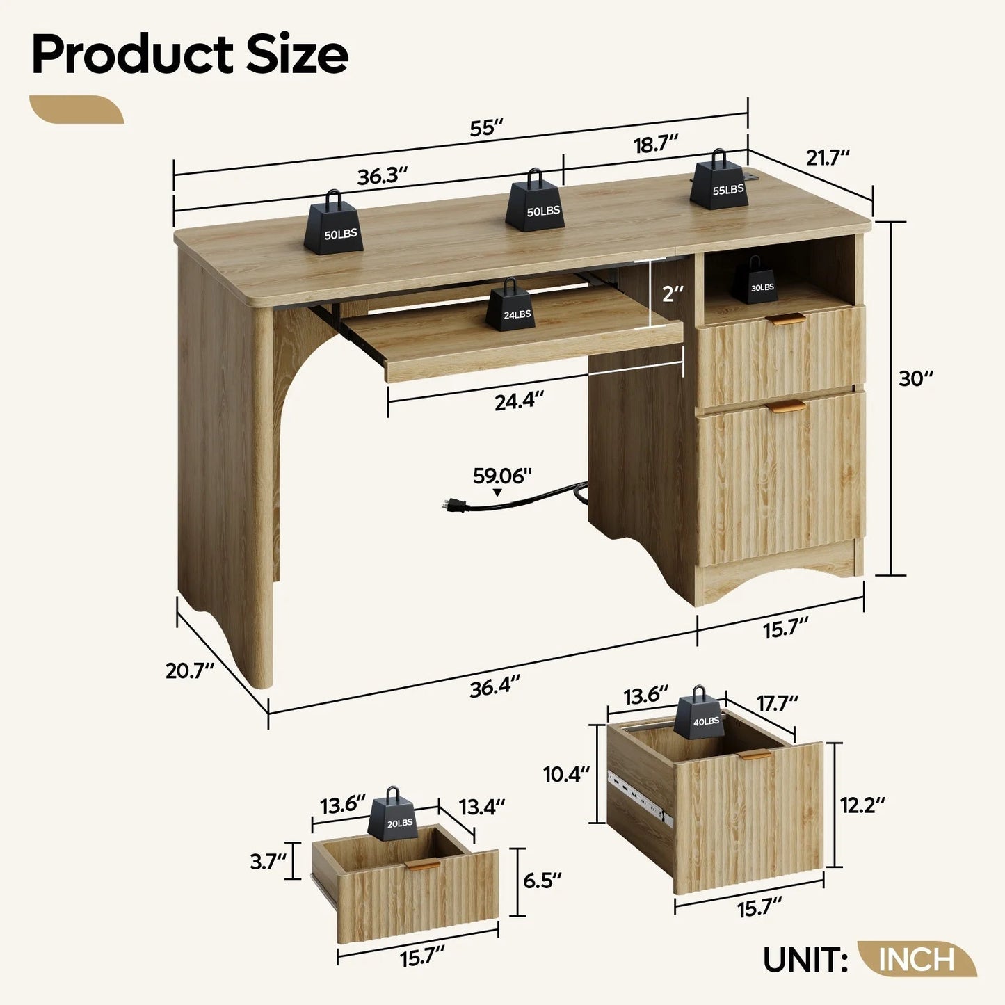 55" Computer Writing PC Desk Home Office with Power Outlets Keyboard Tray and Storage Drawers, Log