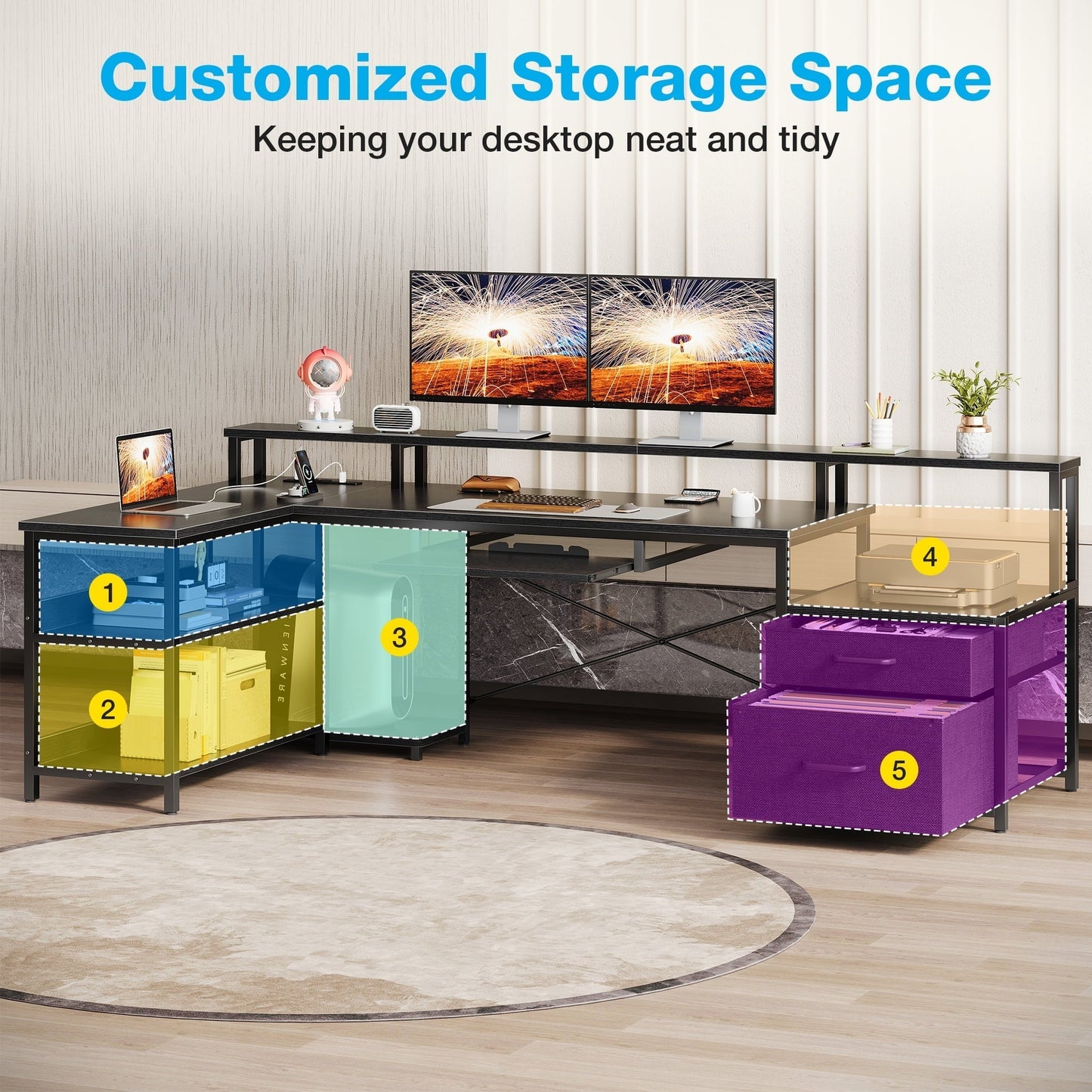 66" Reversible L Shaped Desk with File Drawer & Power Outlet, Modern Computer Desk with Keyboard Tray & LED Strip, Office Table with Storage Shelves, Gaming Desk with Monitor Shelf, Black